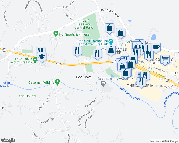 map of restaurants, bars, coffee shops, grocery stores, and more near 13453 Texas 71 in Bee Cave