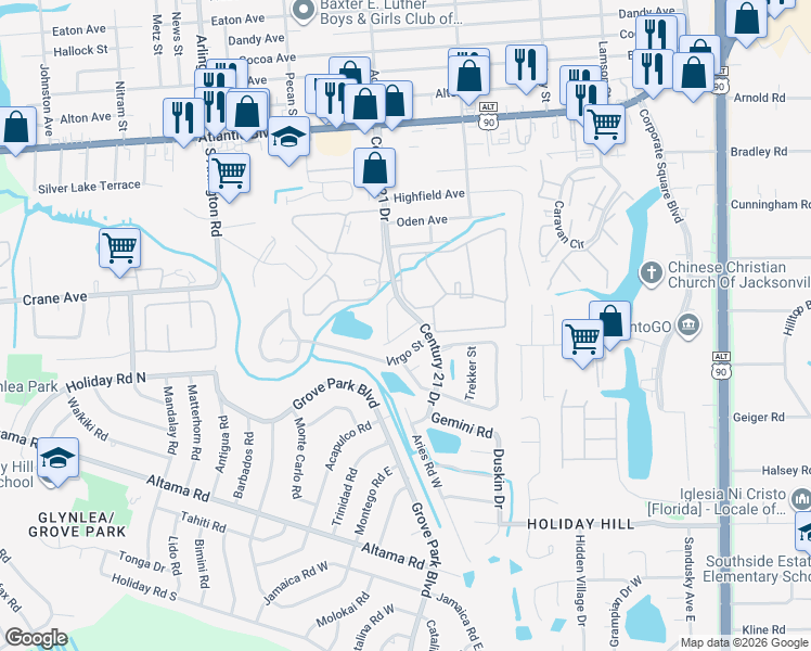 map of restaurants, bars, coffee shops, grocery stores, and more near 537 Eiseman Way in Jacksonville