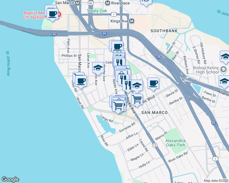 map of restaurants, bars, coffee shops, grocery stores, and more near 1732 Naldo Avenue in Jacksonville