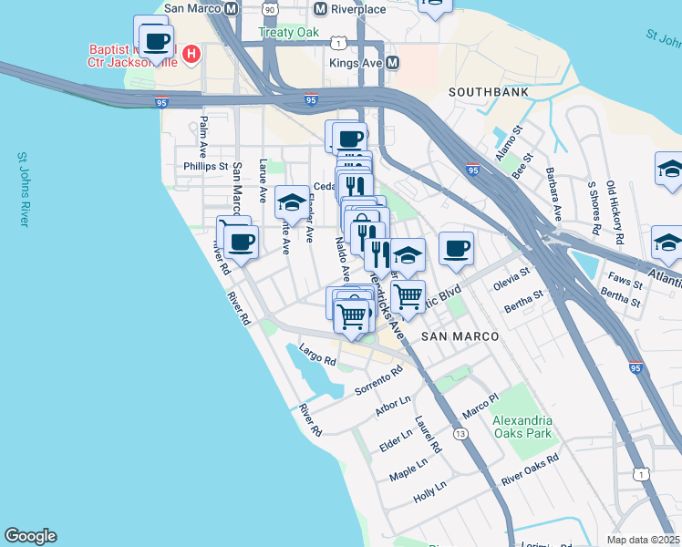 map of restaurants, bars, coffee shops, grocery stores, and more near 1732 Naldo Avenue in Jacksonville