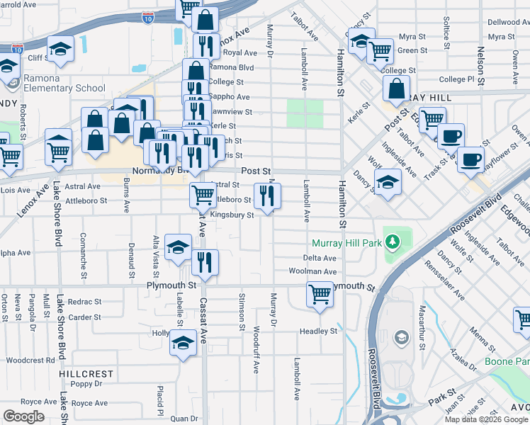 map of restaurants, bars, coffee shops, grocery stores, and more near 4713 Kingsbury Street in Jacksonville