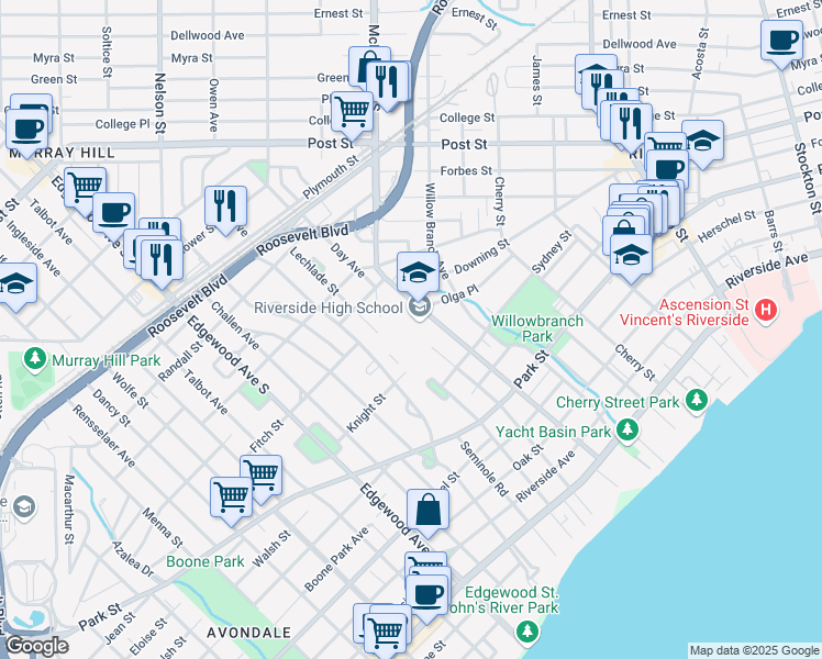 map of restaurants, bars, coffee shops, grocery stores, and more near 1200 McDuff Avenue South in Jacksonville