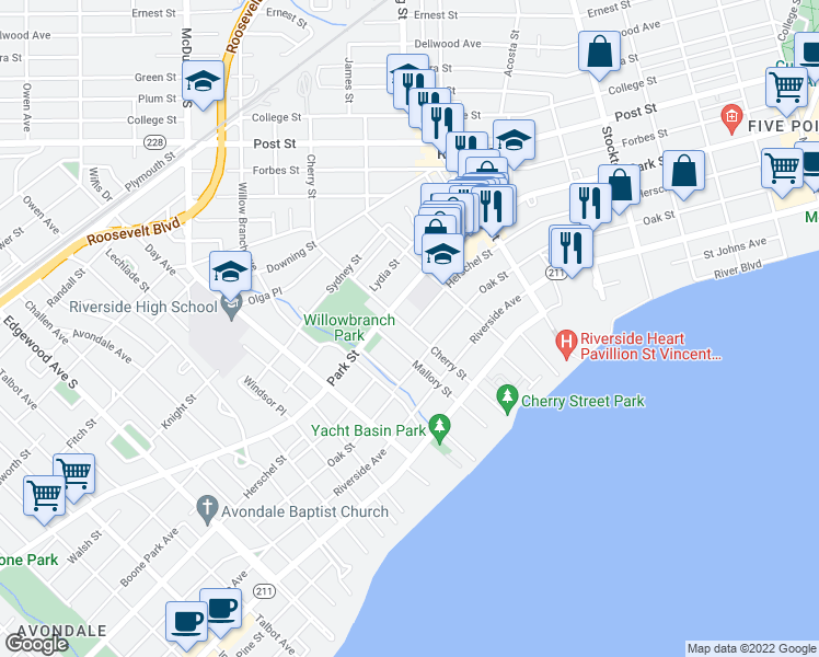map of restaurants, bars, coffee shops, grocery stores, and more near Herschel St & Cherry St in Jacksonville