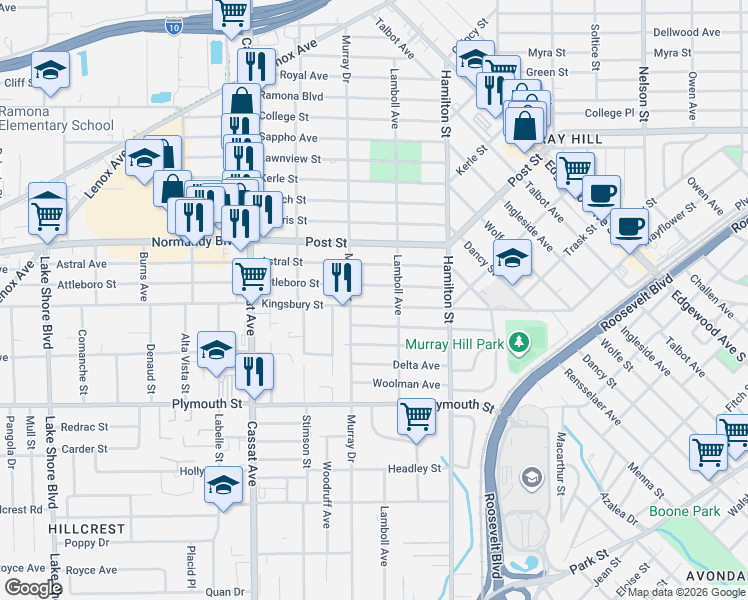 map of restaurants, bars, coffee shops, grocery stores, and more near 4654 Attleboro Street in Jacksonville
