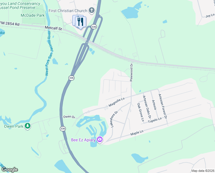 map of restaurants, bars, coffee shops, grocery stores, and more near 306 Broken Pine Court in Conroe