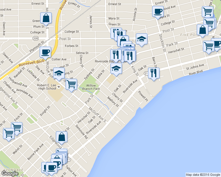 map of restaurants, bars, coffee shops, grocery stores, and more near 2820 Herschel Street in Jacksonville