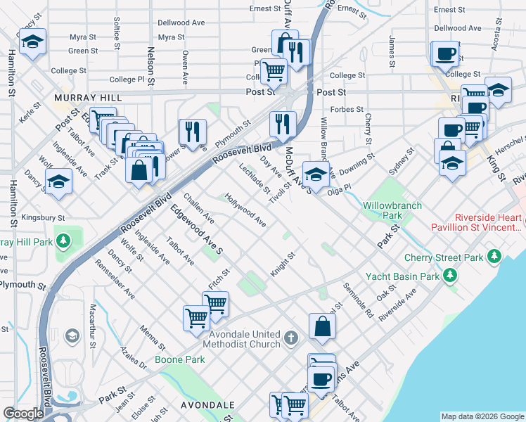 map of restaurants, bars, coffee shops, grocery stores, and more near 3249 Tivoli Street in Jacksonville