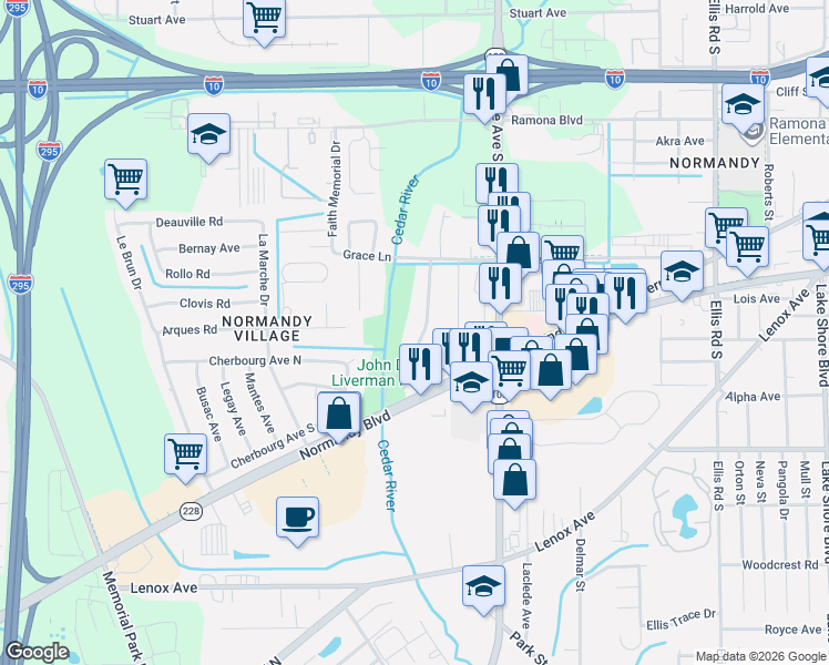 map of restaurants, bars, coffee shops, grocery stores, and more near 965 Granville Road in Jacksonville