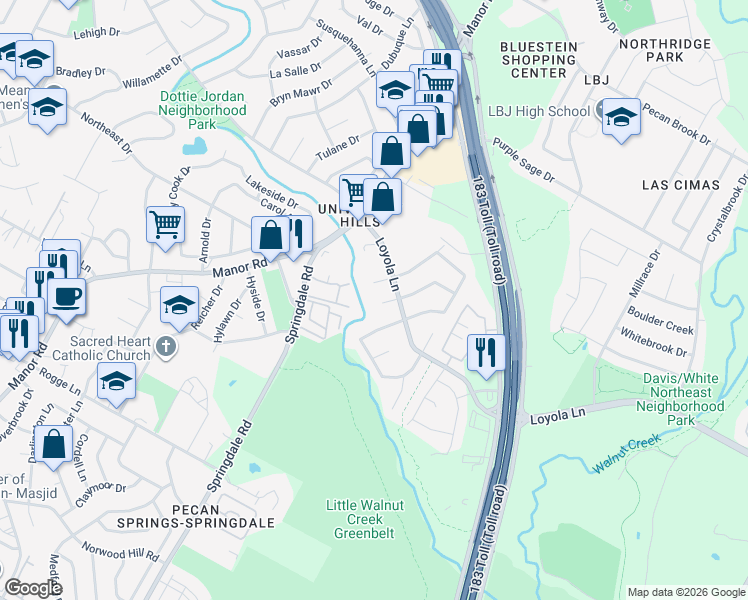 map of restaurants, bars, coffee shops, grocery stores, and more near 6505 Ashland Circle in Austin