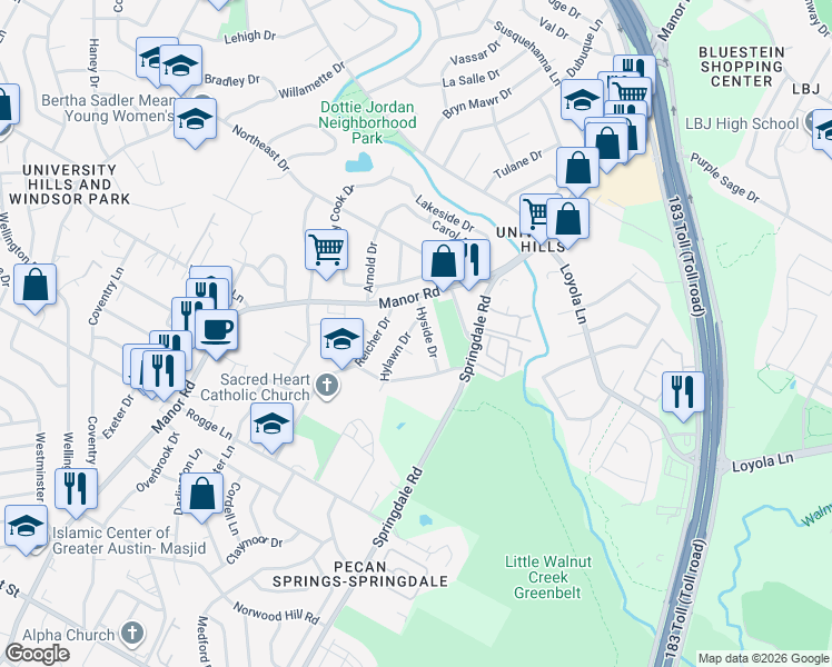 map of restaurants, bars, coffee shops, grocery stores, and more near 6206 Hylawn Drive in Austin
