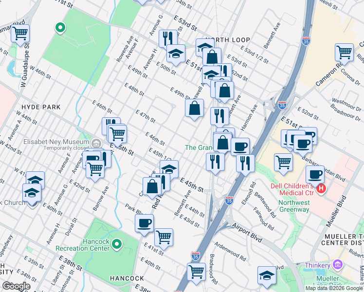 map of restaurants, bars, coffee shops, grocery stores, and more near 803 East 47th Street in Austin