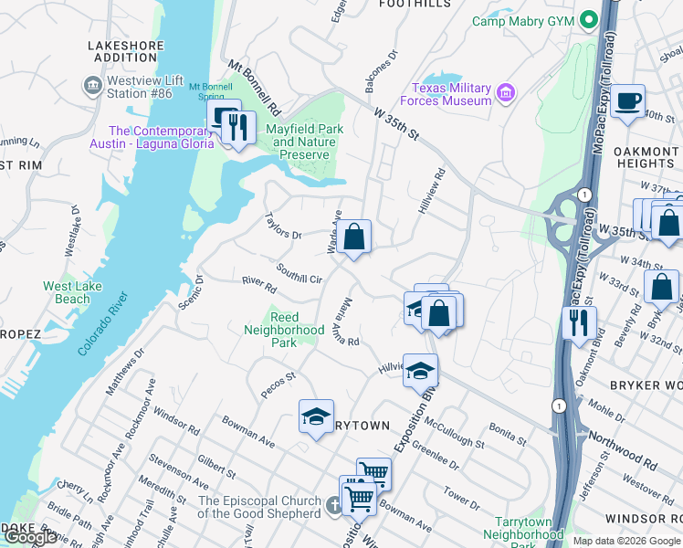 map of restaurants, bars, coffee shops, grocery stores, and more near 2801 Pecos Street in Austin