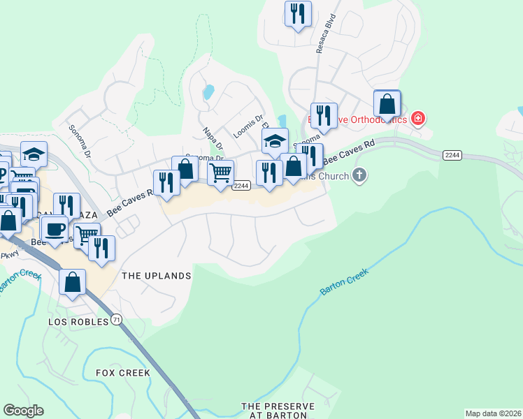 map of restaurants, bars, coffee shops, grocery stores, and more near 11813 Bee Caves Road in Bee Cave