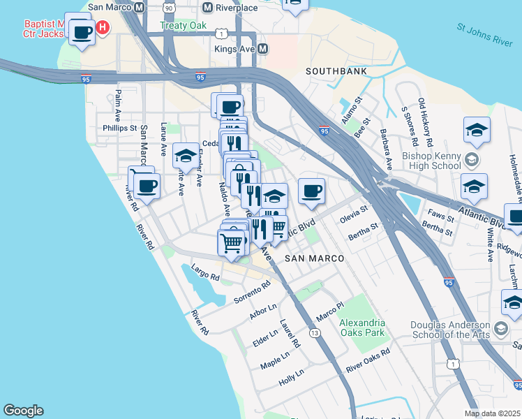map of restaurants, bars, coffee shops, grocery stores, and more near 1832 Thacker Avenue in Jacksonville