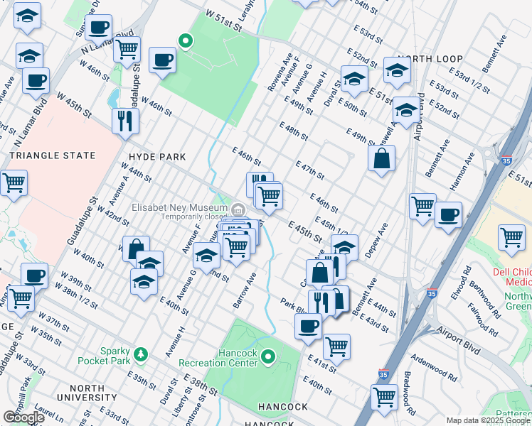 map of restaurants, bars, coffee shops, grocery stores, and more near East 45th Street & Duval Street in Austin
