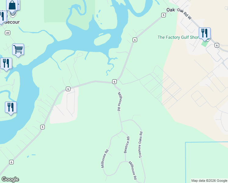 map of restaurants, bars, coffee shops, grocery stores, and more near Lyman Boulevard in Gulf Shores