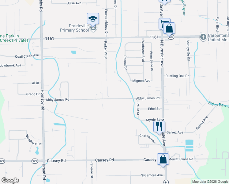 map of restaurants, bars, coffee shops, grocery stores, and more near 40318 Abby James Road in Prairieville
