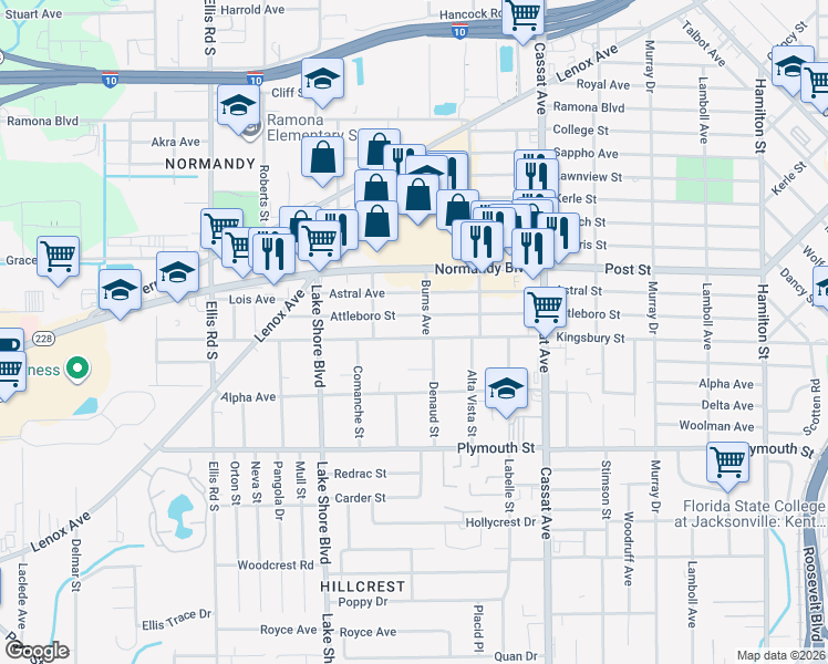map of restaurants, bars, coffee shops, grocery stores, and more near 5213 Kingsbury Street in Jacksonville