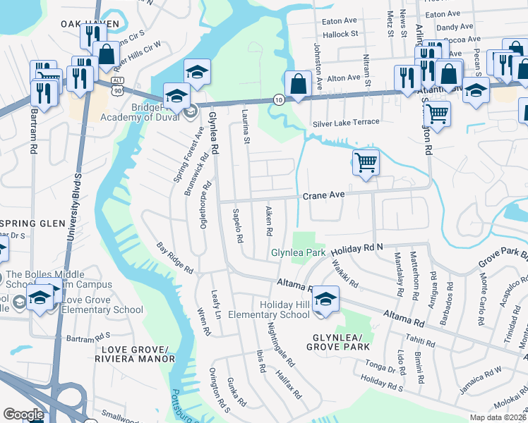 map of restaurants, bars, coffee shops, grocery stores, and more near 413 Laurina Street in Jacksonville