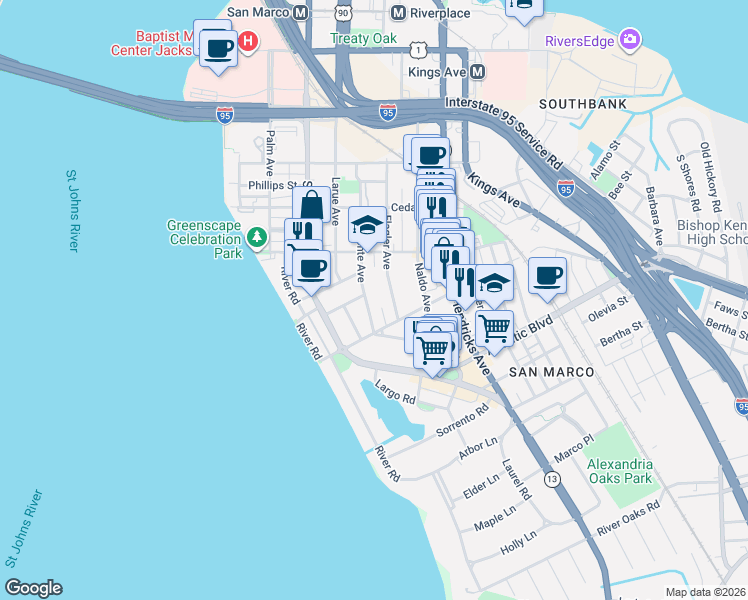 map of restaurants, bars, coffee shops, grocery stores, and more near 1705 Flagler Avenue in Jacksonville