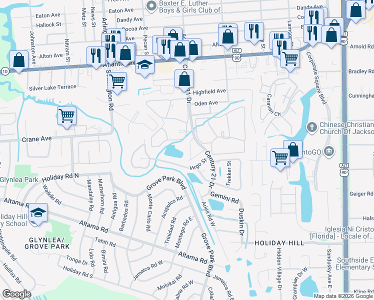 map of restaurants, bars, coffee shops, grocery stores, and more near 532 Eiseman Way in Jacksonville