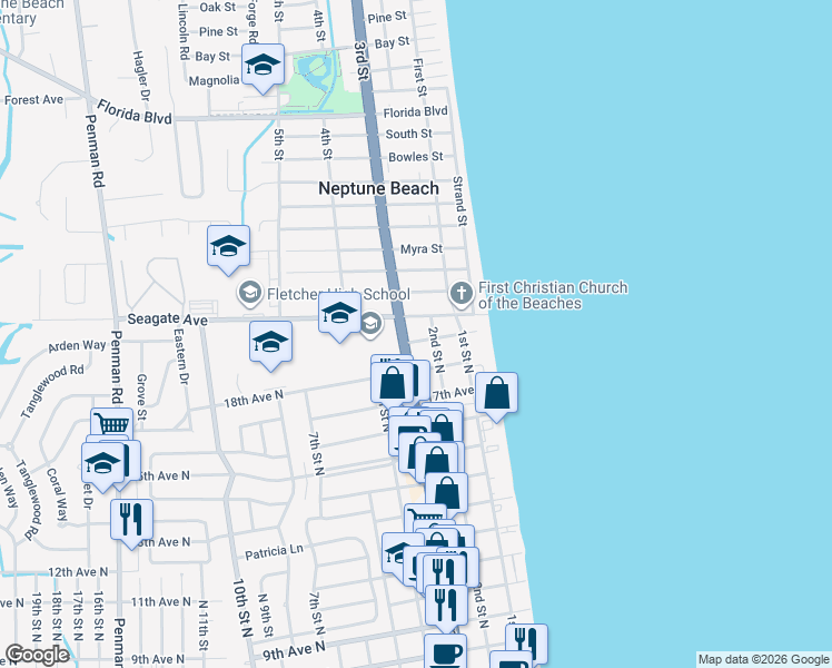 map of restaurants, bars, coffee shops, grocery stores, and more near 202 20th Avenue North in Jacksonville Beach