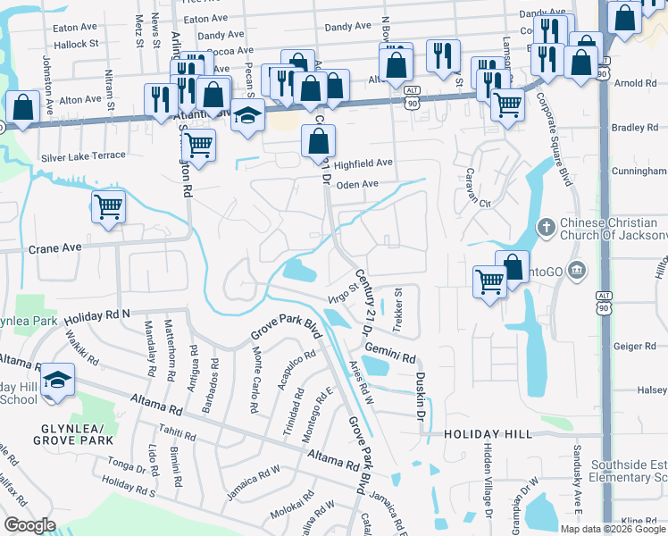 map of restaurants, bars, coffee shops, grocery stores, and more near 537 Eiseman Way in Jacksonville