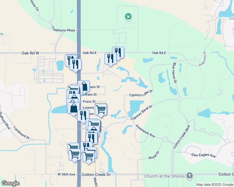 map of restaurants, bars, coffee shops, grocery stores, and more near 274 Cypress Lake Drive in Gulf Shores