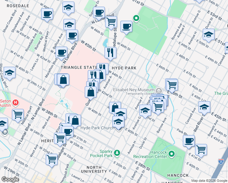 map of restaurants, bars, coffee shops, grocery stores, and more near 311 West 43rd Street in Austin