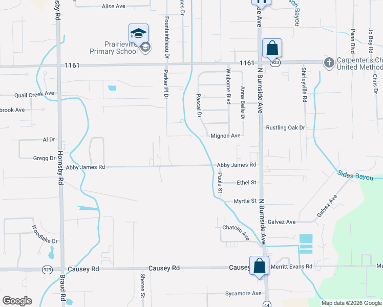 map of restaurants, bars, coffee shops, grocery stores, and more near 40318 Abby James Road in Prairieville