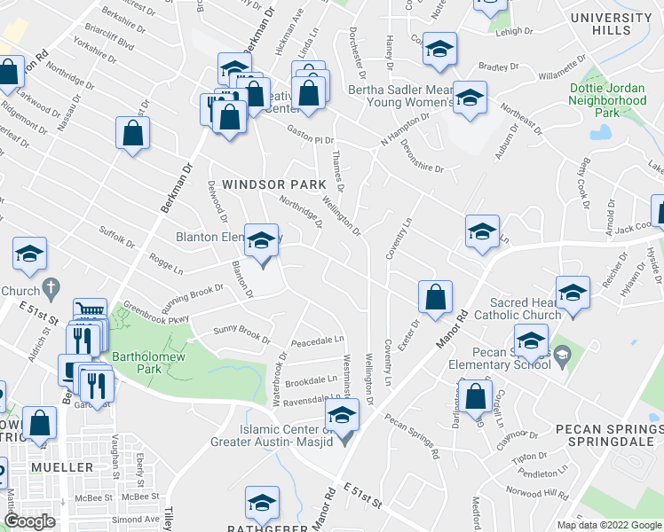 map of restaurants, bars, coffee shops, grocery stores, and more near 5605 Windward Drive in Austin