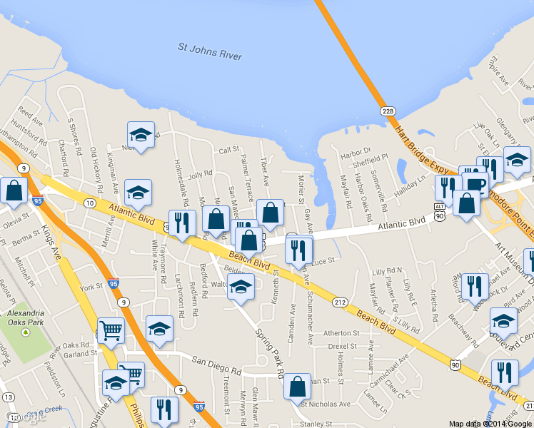 map of restaurants, bars, coffee shops, grocery stores, and more near 1375 Palmer Terrace in Jacksonville