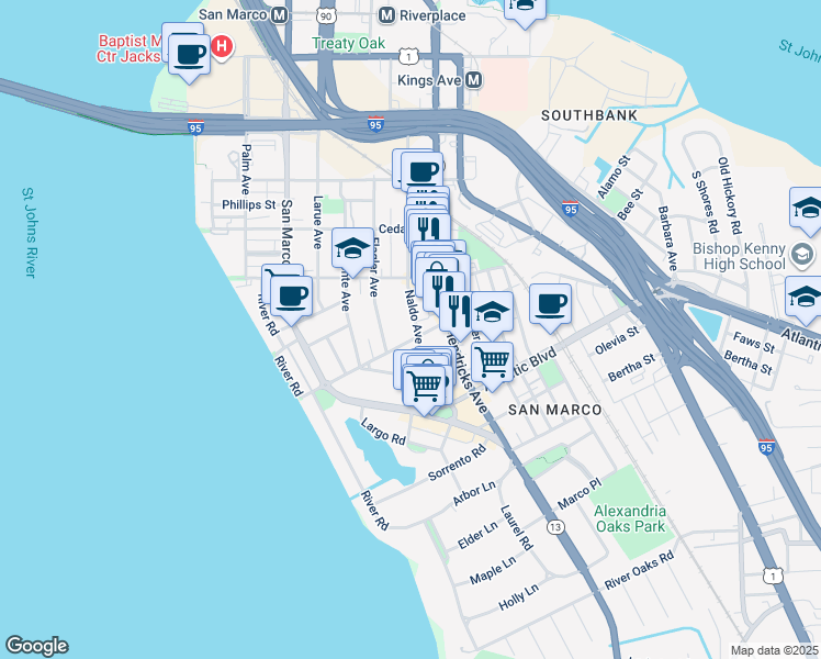map of restaurants, bars, coffee shops, grocery stores, and more near 1715 Naldo Avenue in Jacksonville