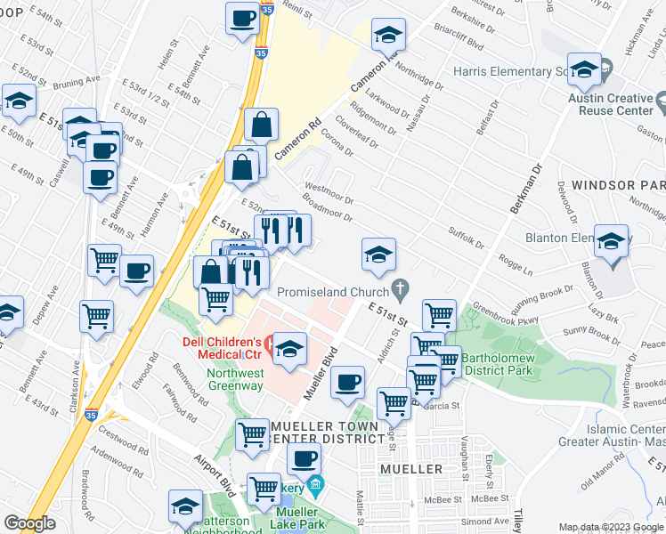 map of restaurants, bars, coffee shops, grocery stores, and more near 1320 East 51st Street in Austin