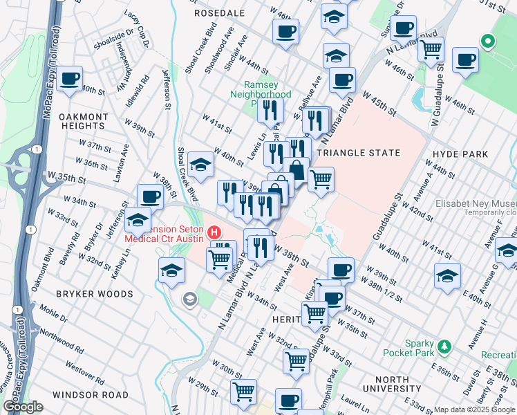 map of restaurants, bars, coffee shops, grocery stores, and more near 1101 West 39th 1/2 Street in Austin