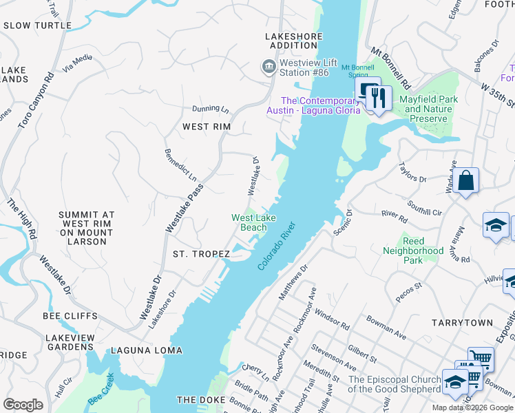 map of restaurants, bars, coffee shops, grocery stores, and more near 2604 Westlake Drive in Austin