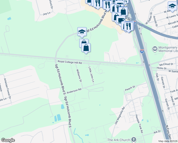 map of restaurants, bars, coffee shops, grocery stores, and more near 113 Little John Lane in Conroe