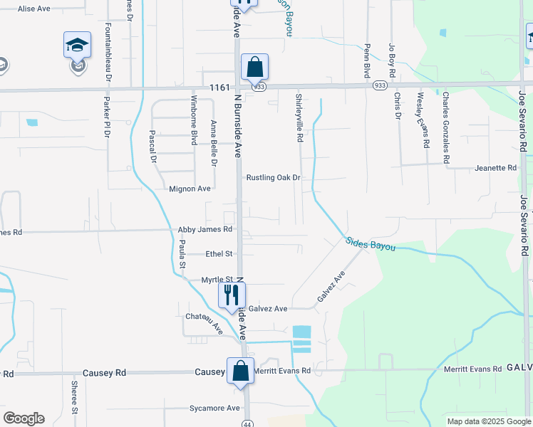 map of restaurants, bars, coffee shops, grocery stores, and more near 16306 Louisiana 44 in Prairieville