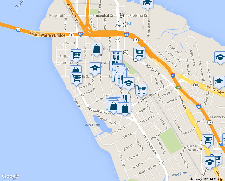 map of restaurants, bars, coffee shops, grocery stores, and more near 1736 Naldo Avenue in Jacksonville