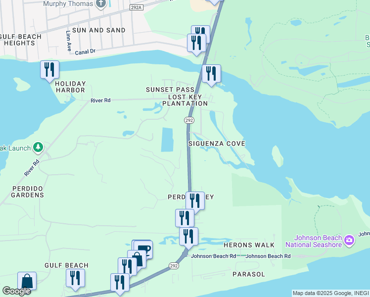 map of restaurants, bars, coffee shops, grocery stores, and more near 13514 Perdido Key Drive in Pensacola