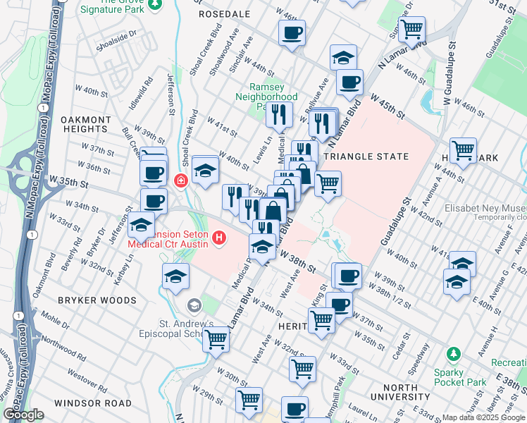 map of restaurants, bars, coffee shops, grocery stores, and more near 1101 West 39th 1/2 Street in Austin