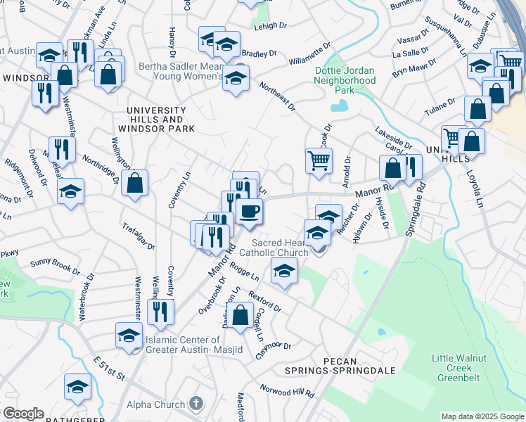 map of restaurants, bars, coffee shops, grocery stores, and more near 6103 Manor Road in Austin