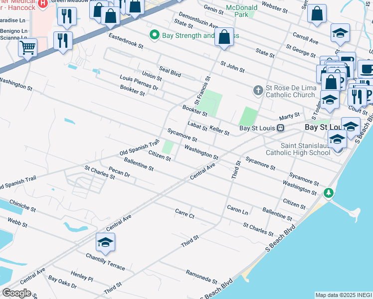 map of restaurants, bars, coffee shops, grocery stores, and more near 424 Sycamore Street in Bay St. Louis