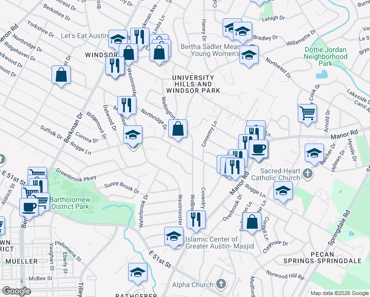 map of restaurants, bars, coffee shops, grocery stores, and more near 5705 Wight Cove in Austin