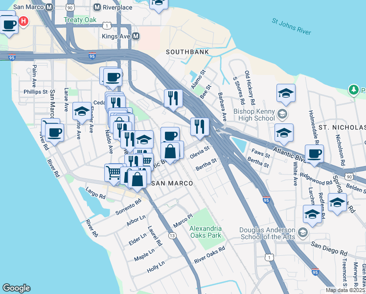 map of restaurants, bars, coffee shops, grocery stores, and more near 1921 Perry Place in Jacksonville