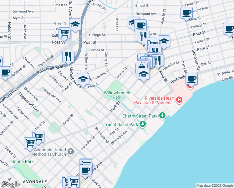 map of restaurants, bars, coffee shops, grocery stores, and more near 2870 Sydney Street in Jacksonville