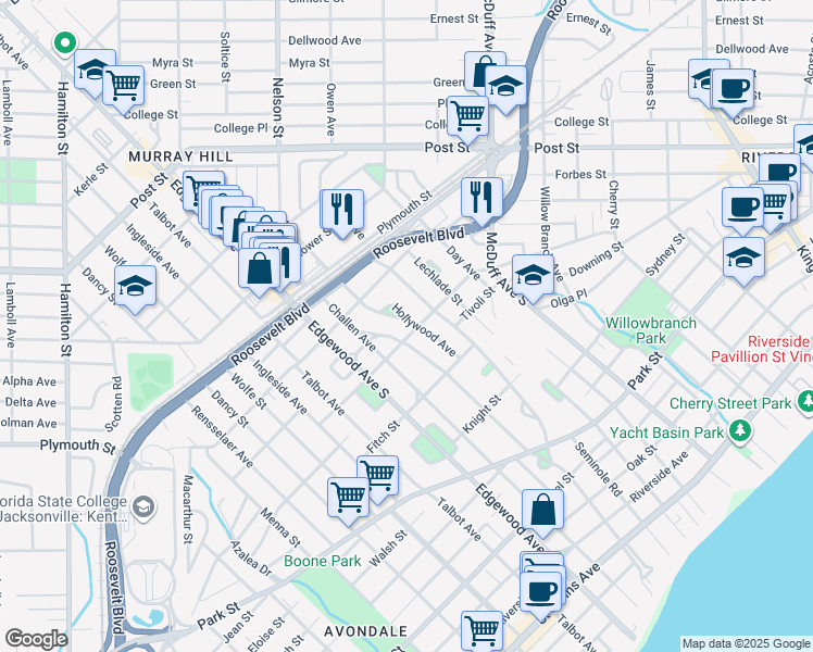 map of restaurants, bars, coffee shops, grocery stores, and more near 1302 Hollywood Avenue in Jacksonville