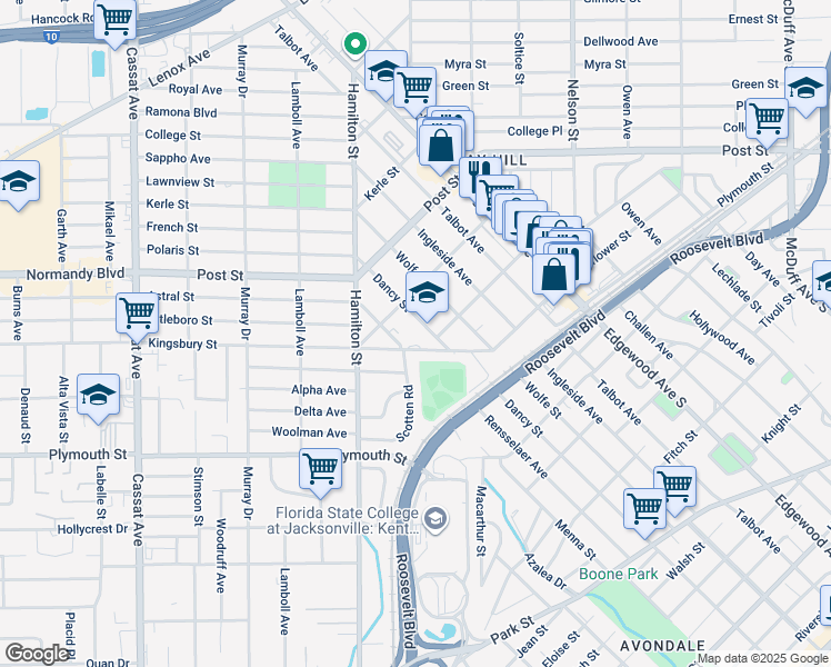 map of restaurants, bars, coffee shops, grocery stores, and more near 1090 Dancy Street in Jacksonville