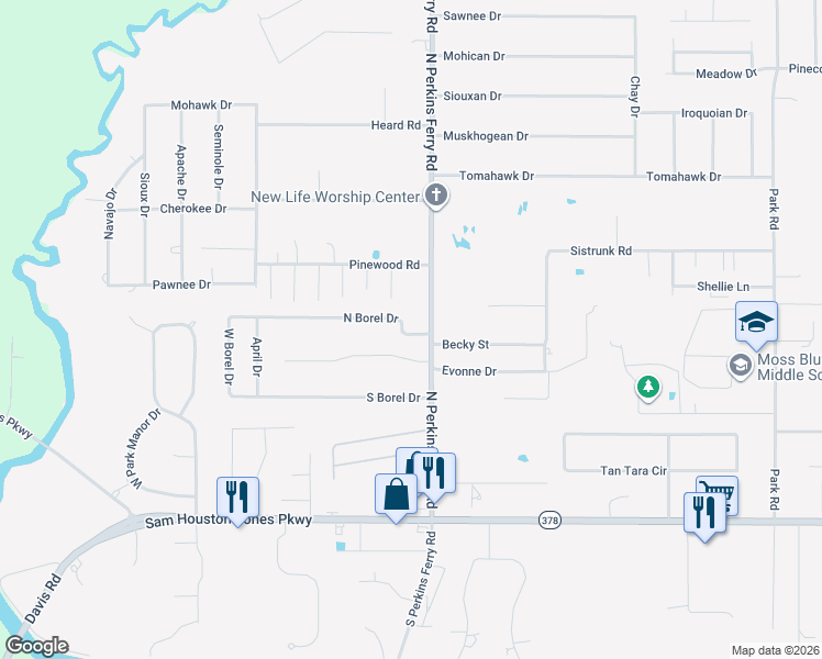 map of restaurants, bars, coffee shops, grocery stores, and more near 1742 North Borel Drive in Lake Charles