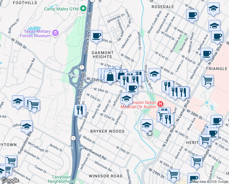 map of restaurants, bars, coffee shops, grocery stores, and more near 1811 West 35th Street in Austin